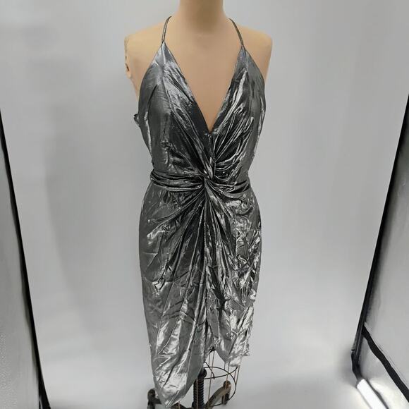 Sheike V-Cut Silver Bodycon Twist Knot Waistline Mini Dress Women's 8 metallic - Picture 4 of 16